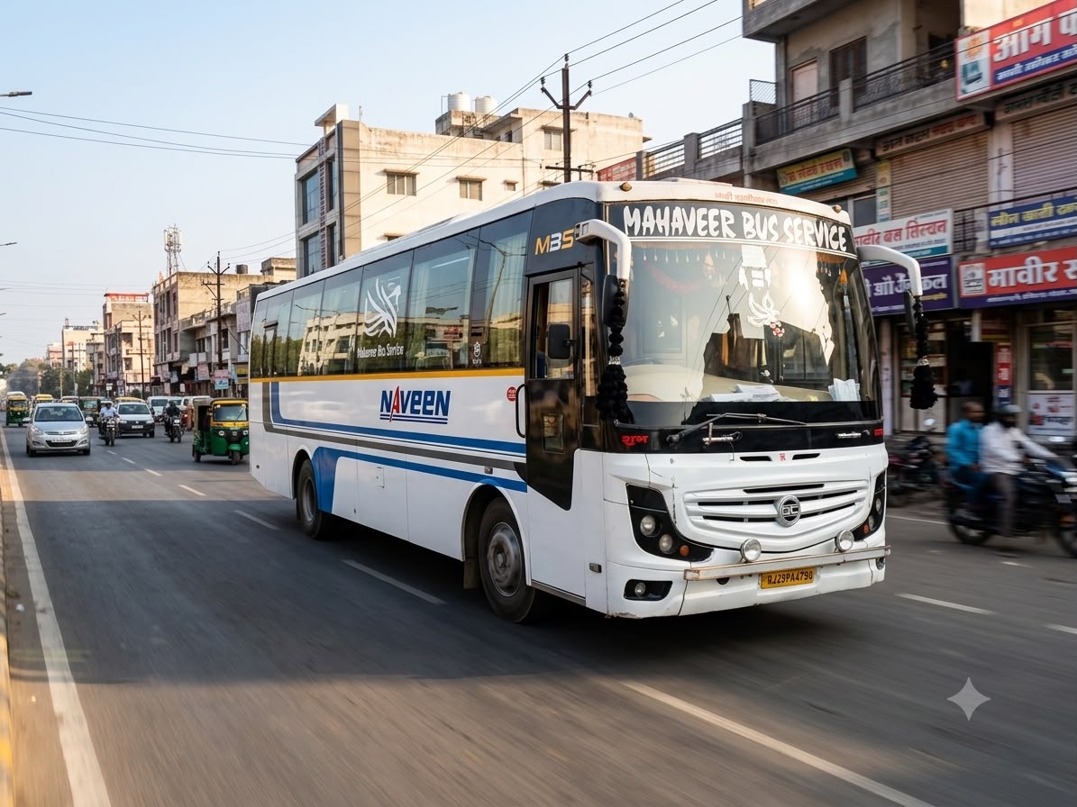 Coach travelling through a busy city market road