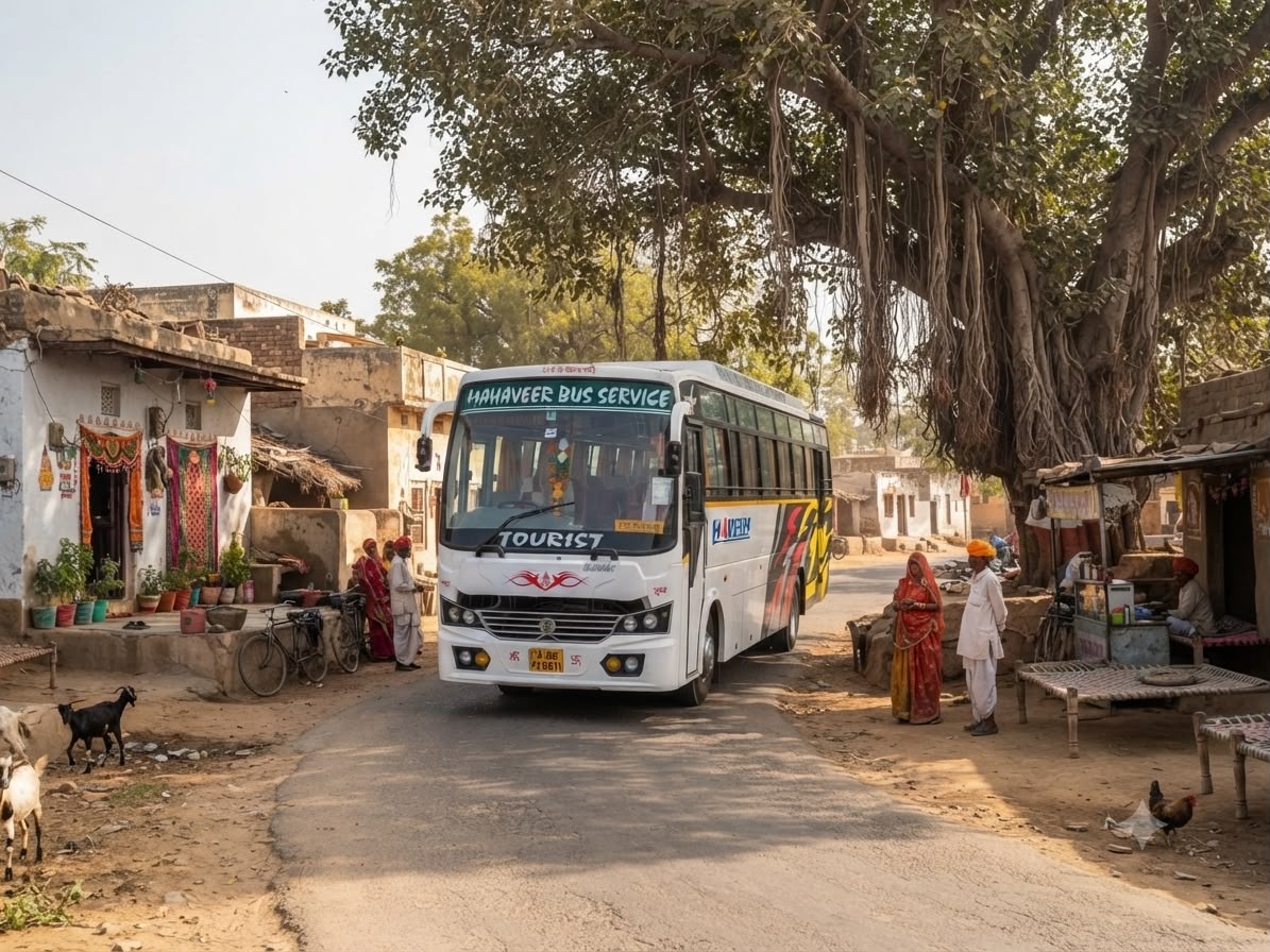 Coach passing through a village road